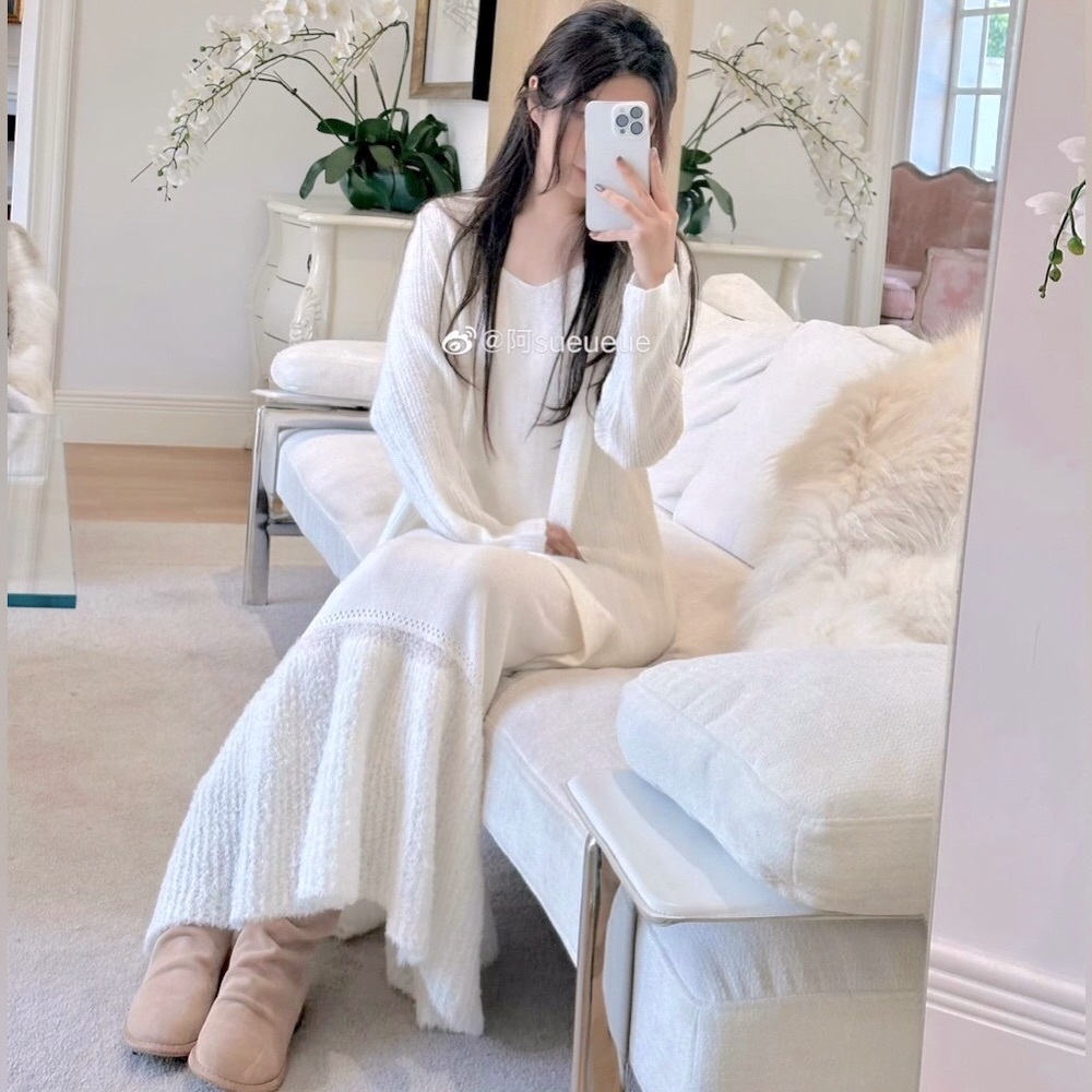 Cream V-Neck Knit Camisole Maxi Dress | Dual Texture, Feather-Like Fluffy Hem